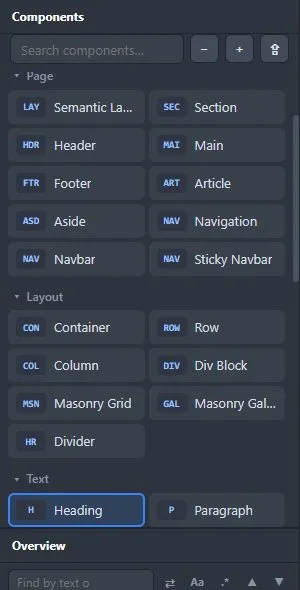 The Components list with its search box
