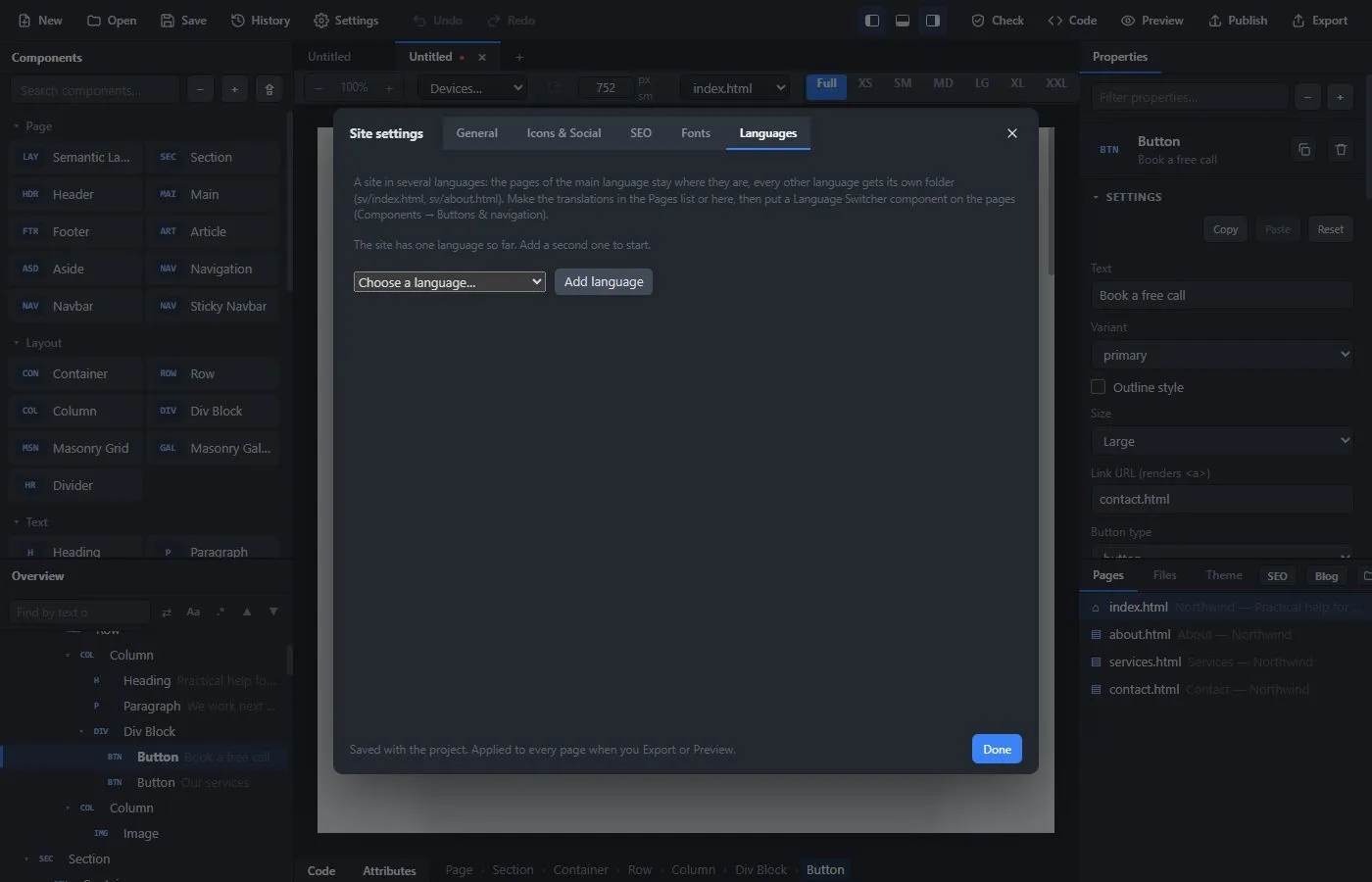 The Languages tab in Site settings