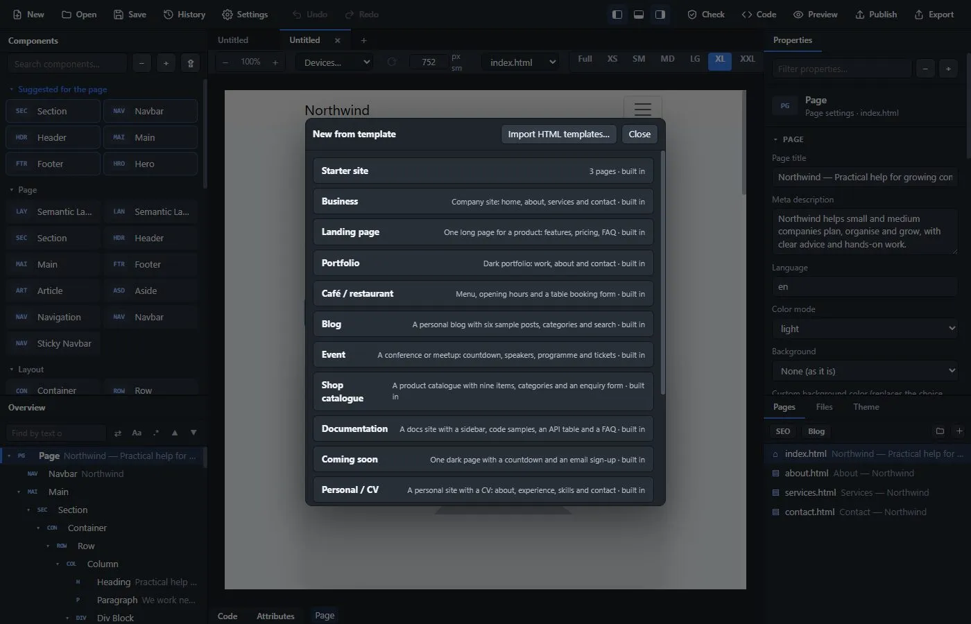 The New from template window with the built-in starter sites
