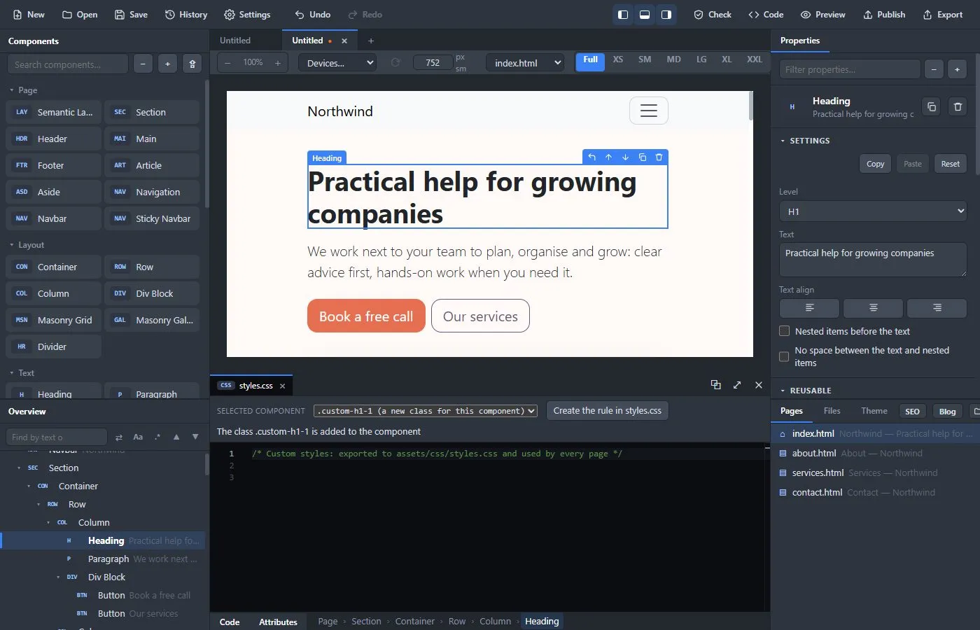 The code panel open under the page, showing styles.css and the selector bar