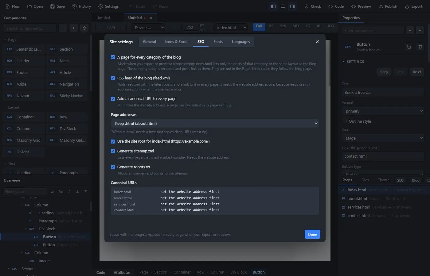 The SEO tab of the site settings