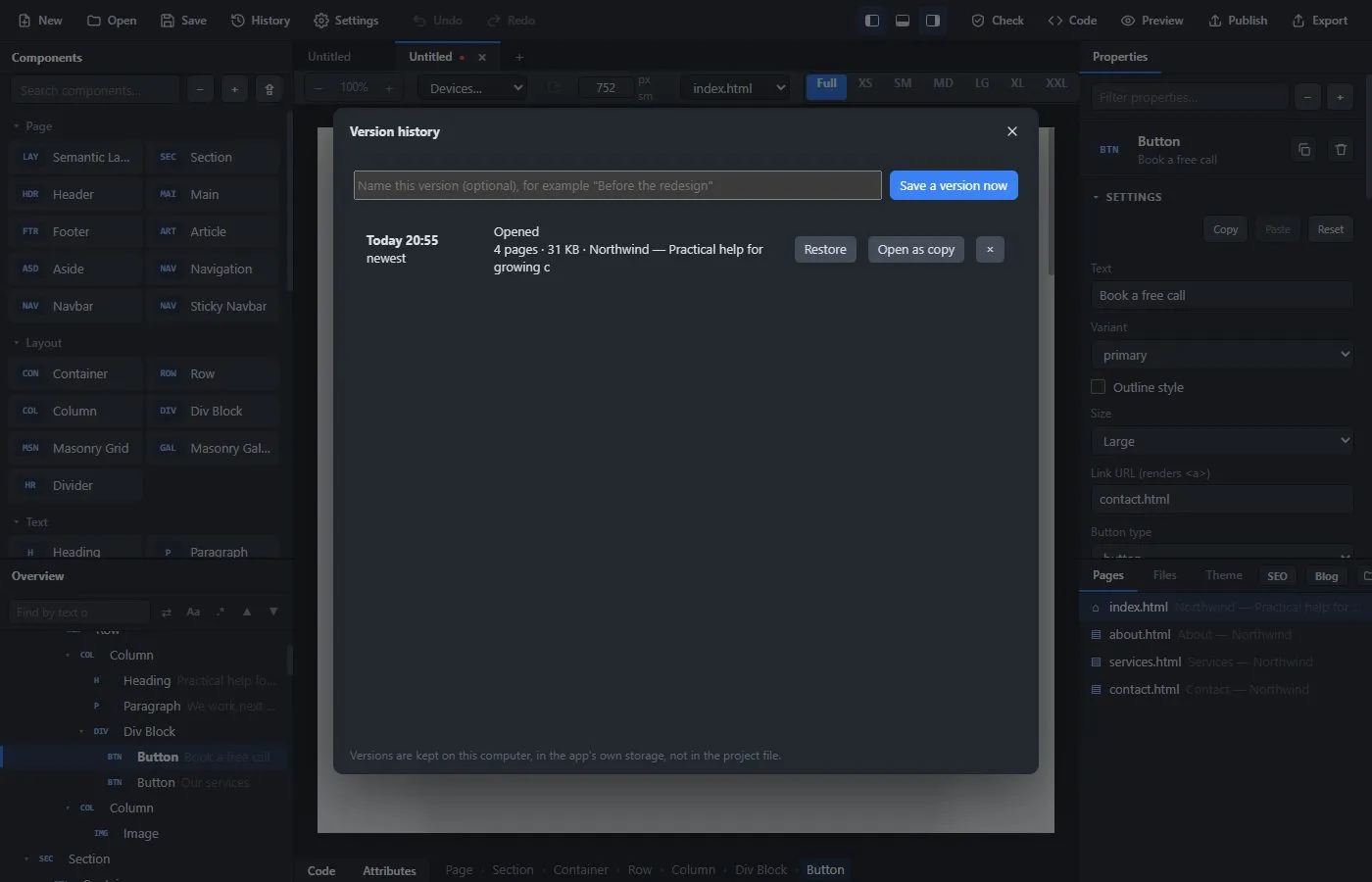 The Version history window