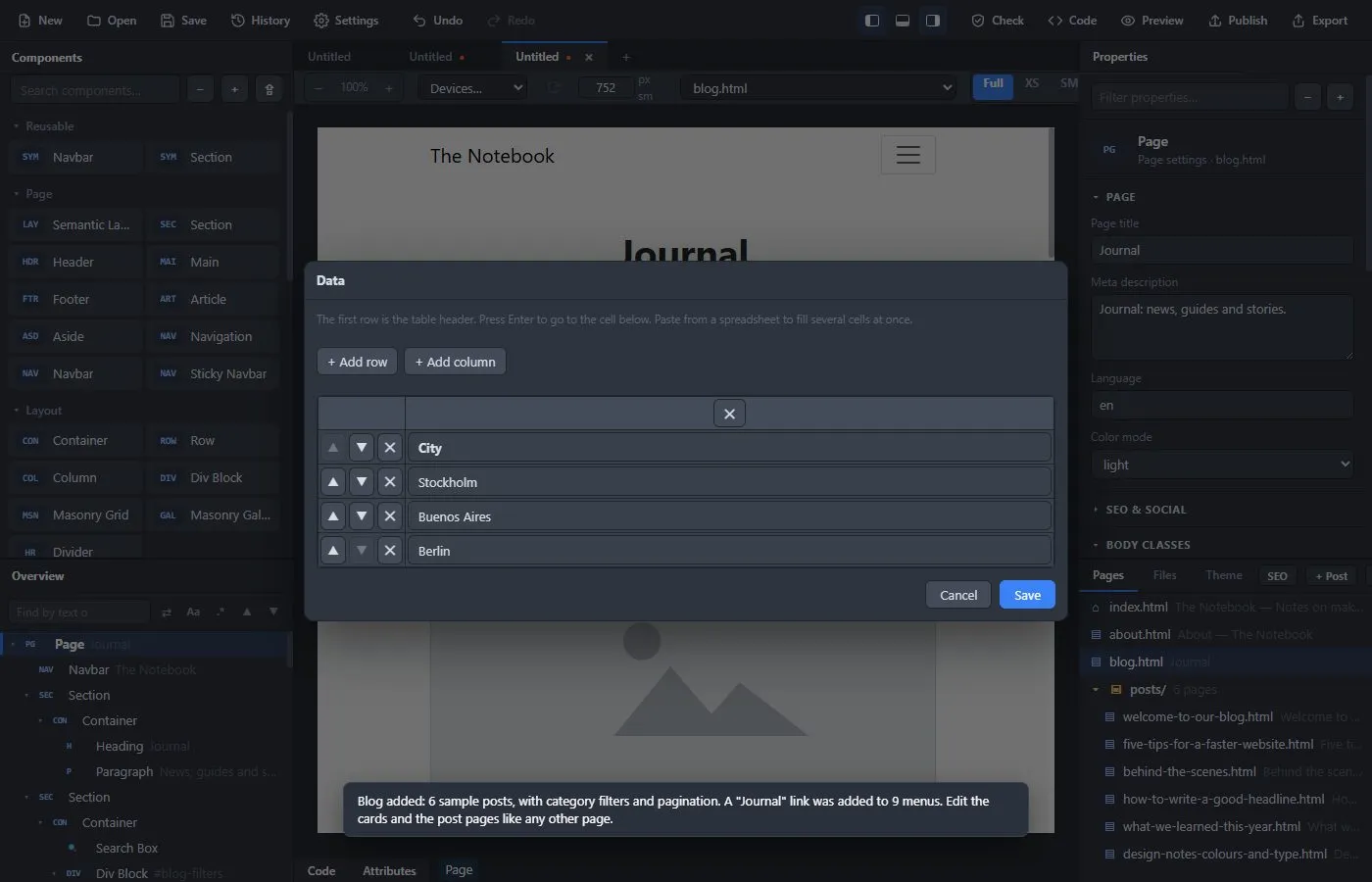 A blog page with category buttons, a search box and cards