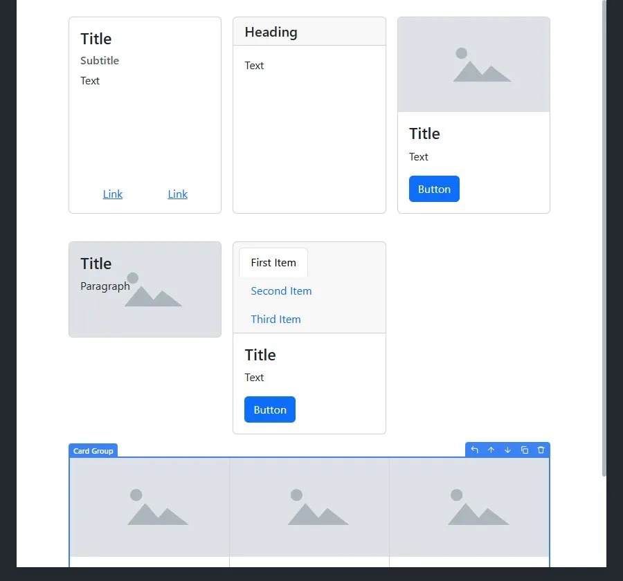 The six kinds of card: Card, Panel, Thumbnail, Card with overlay, Card with navigation and a Card Group