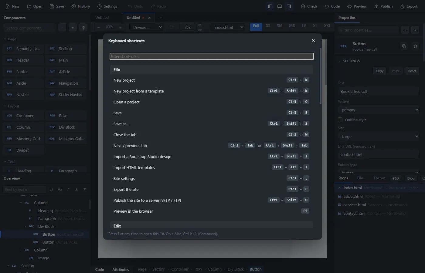 The Keyboard shortcuts window inside the app