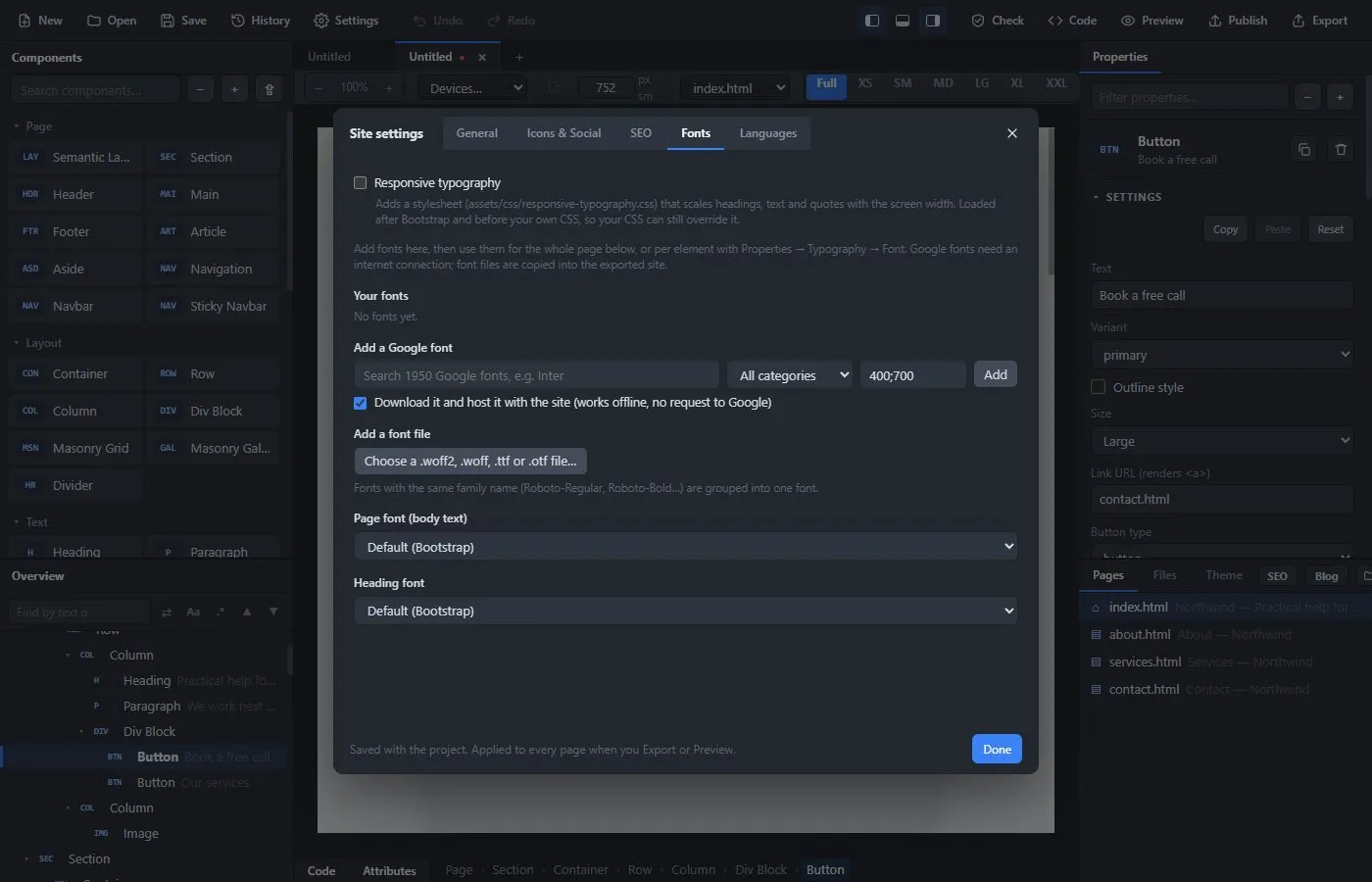 The Fonts tab of the site settings