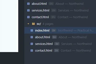 The Pages list after adding Swedish: the copies are in the sv folder