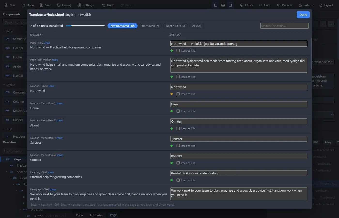 The translation window with the original text on the left and the translation on the right