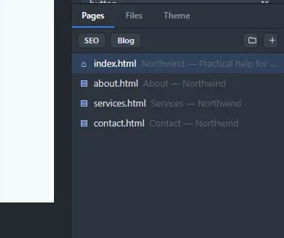 The Pages list with the SEO and Blog buttons