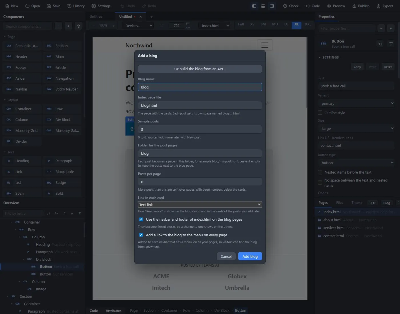 The Add a blog window