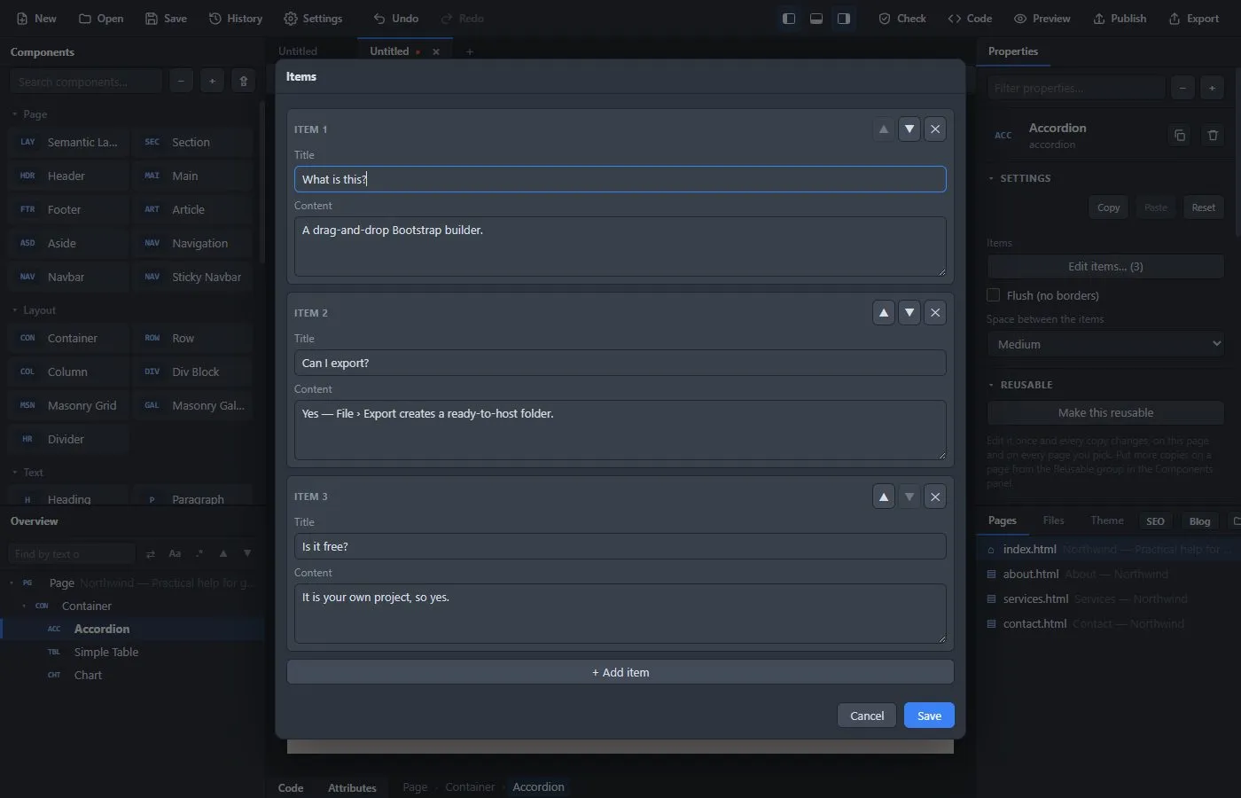 The Edit window for the items of an accordion