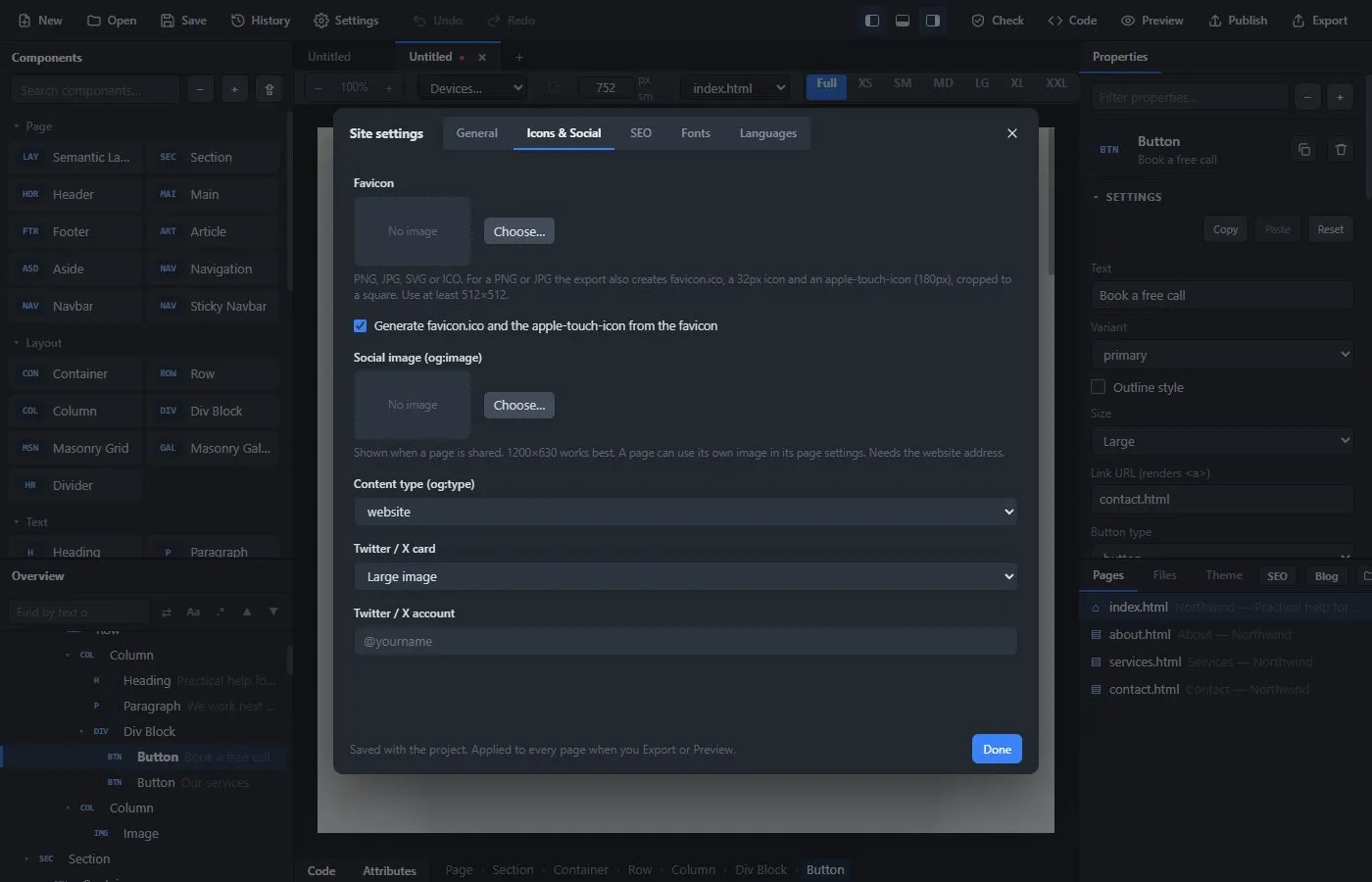 The Icons & Social tab of the site settings