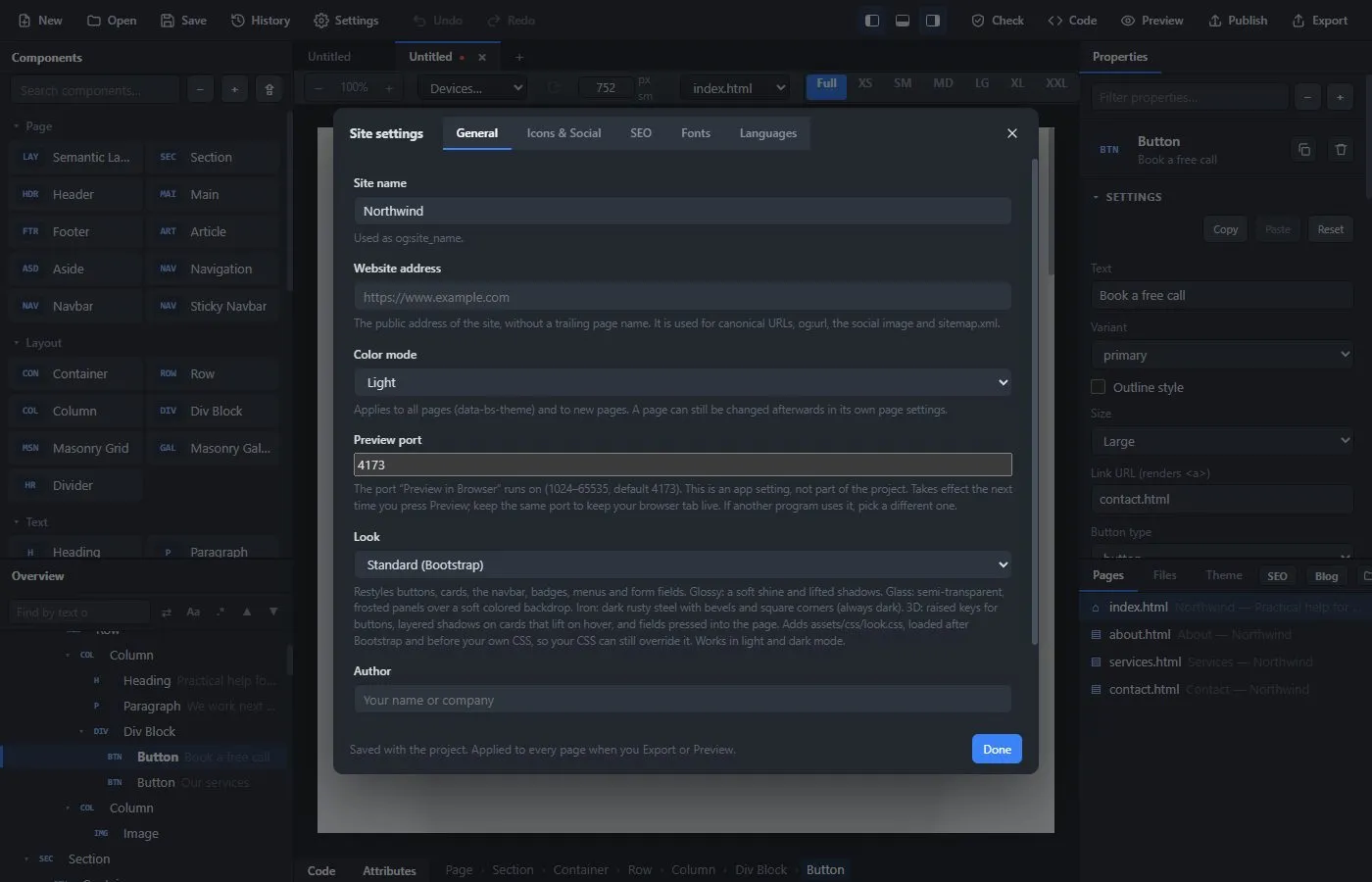 The General tab of the site settings
