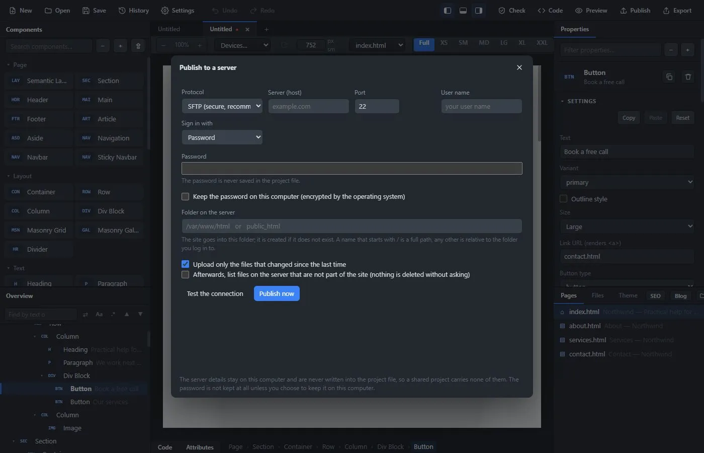 The Publish to a server window