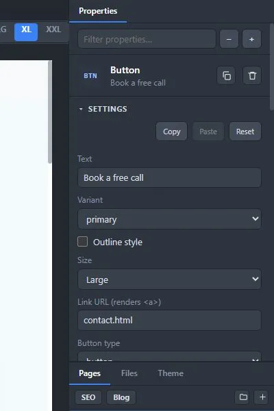 The Properties panel for a button